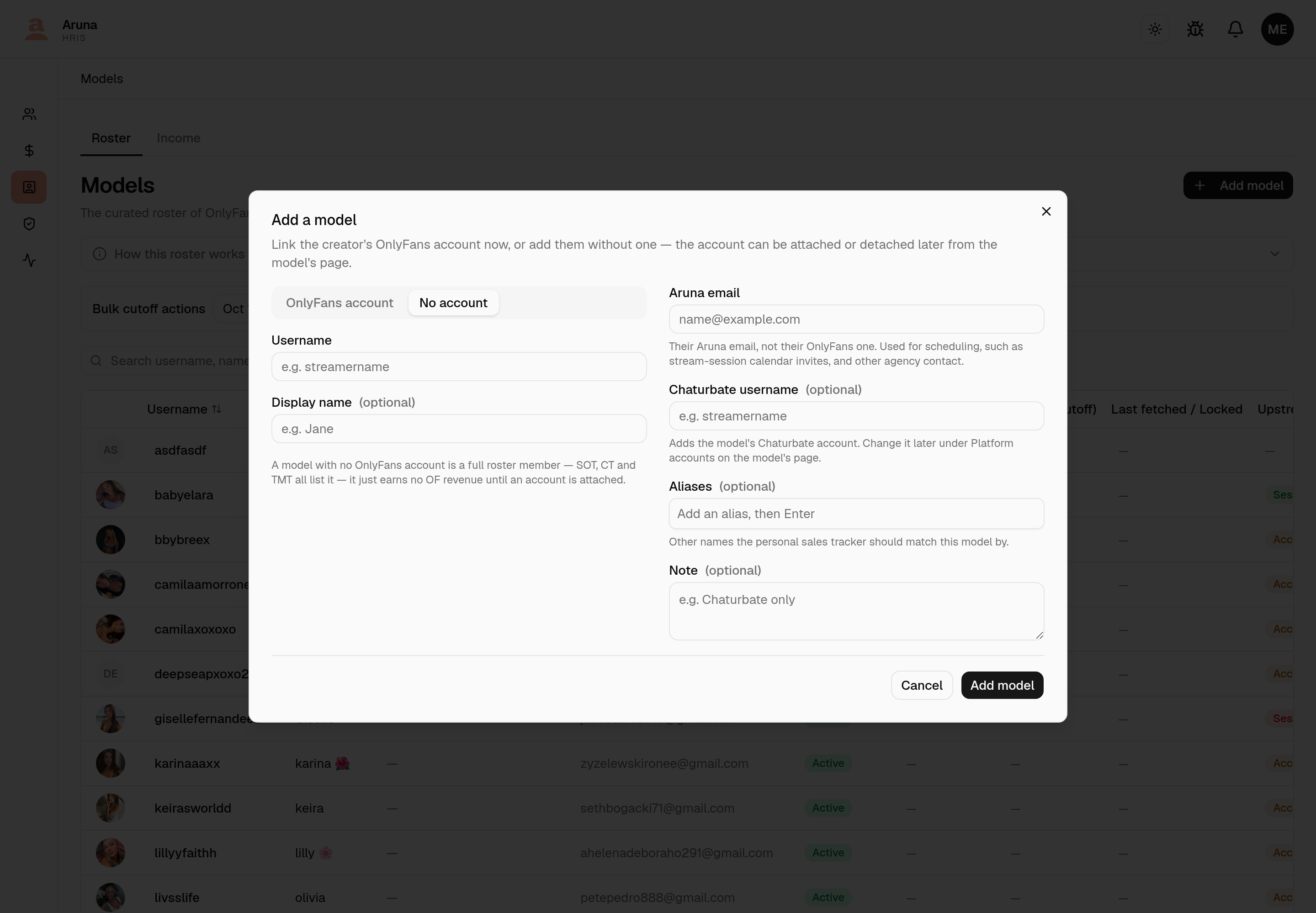 Add a model dialog on the No account tab: Username and optional Display name fields, with a note that a model without an account is still a full roster member.