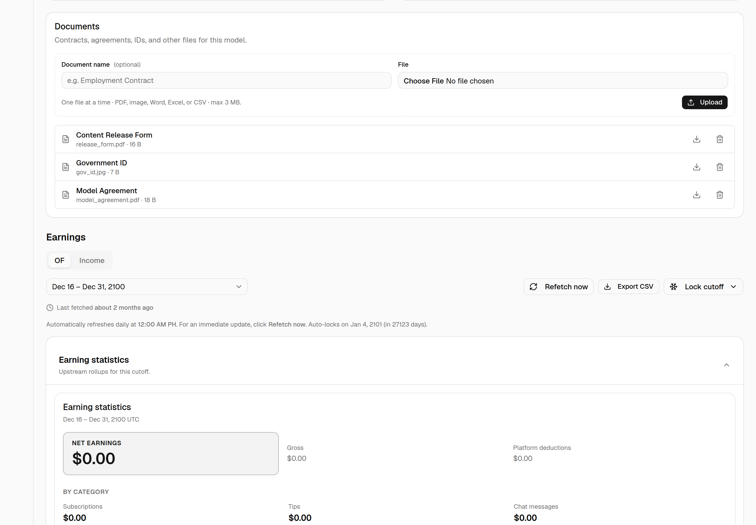 Model detail Documents card: a name + file upload row and a list of documents (Content Release Form, Government ID, Model Agreement), each row clickable to open, with download and delete icons.