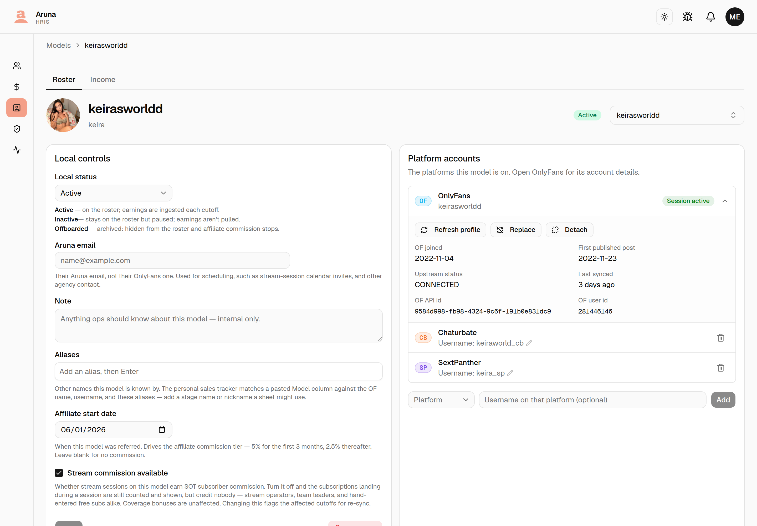 Model detail page: the Platform accounts card with the OnlyFans row opened — a Session active badge on the row, Refresh profile, Replace and Detach buttons, and OF joined, first published post, upstream status, last synced and the OF ids — above the Chaturbate and SextPanther rows.
