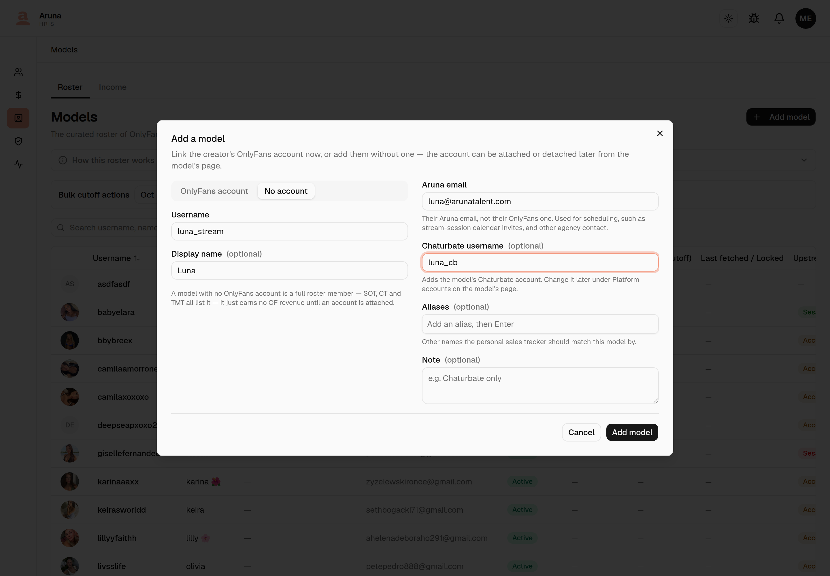 Add a model dialog on the No account tab filled in: username luna_stream, display name Luna, an Aruna email, and luna_cb in the optional Chaturbate username field, whose hint says it adds the model's Chaturbate account.