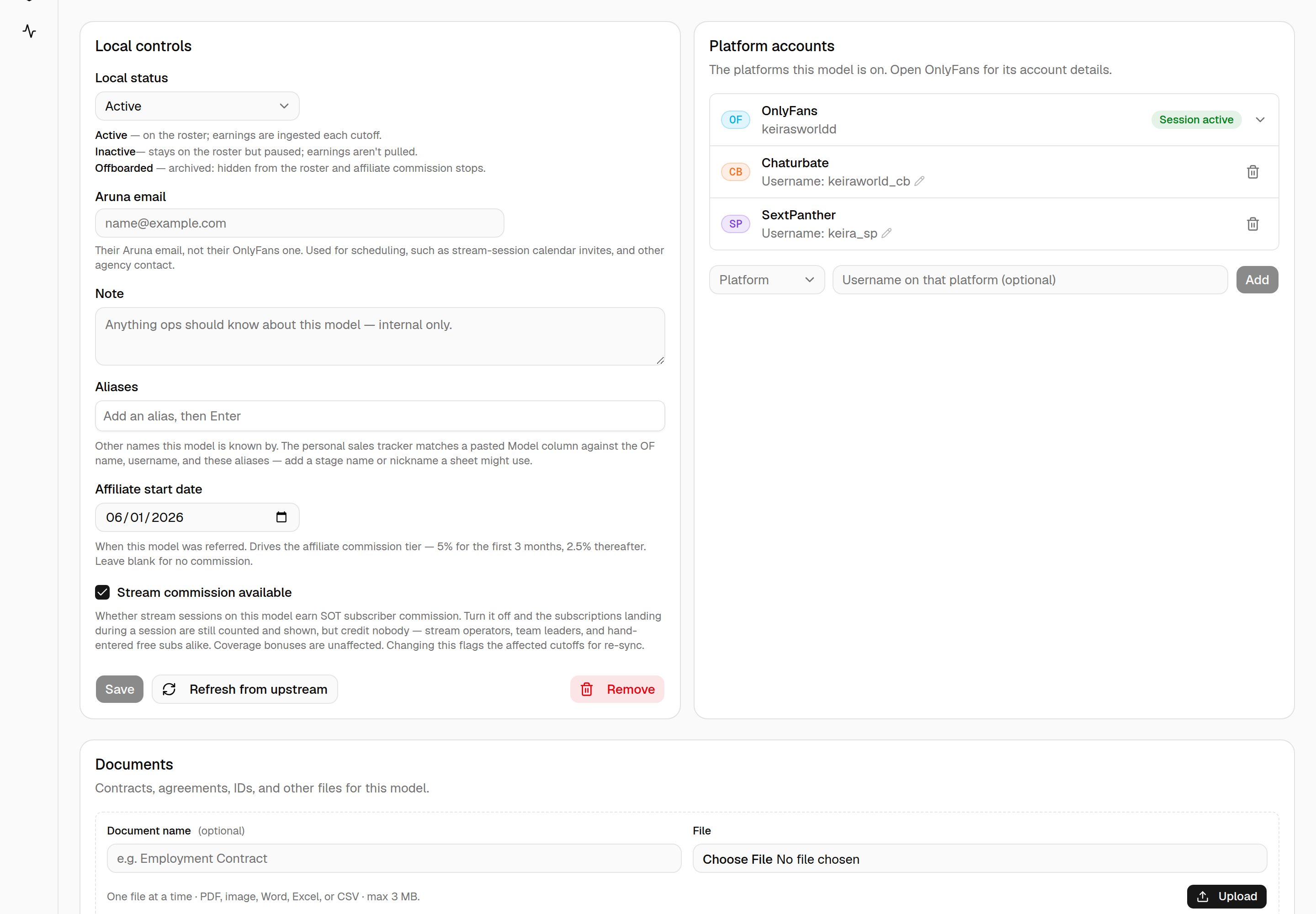 Model detail Platform accounts card: the OnlyFans row with a Session active badge, then Chaturbate (Username: keiraworld_cb) and SextPanther (Username: keira_sp) with pencil and trash icons, above a Platform picker, a username field and an Add button.
