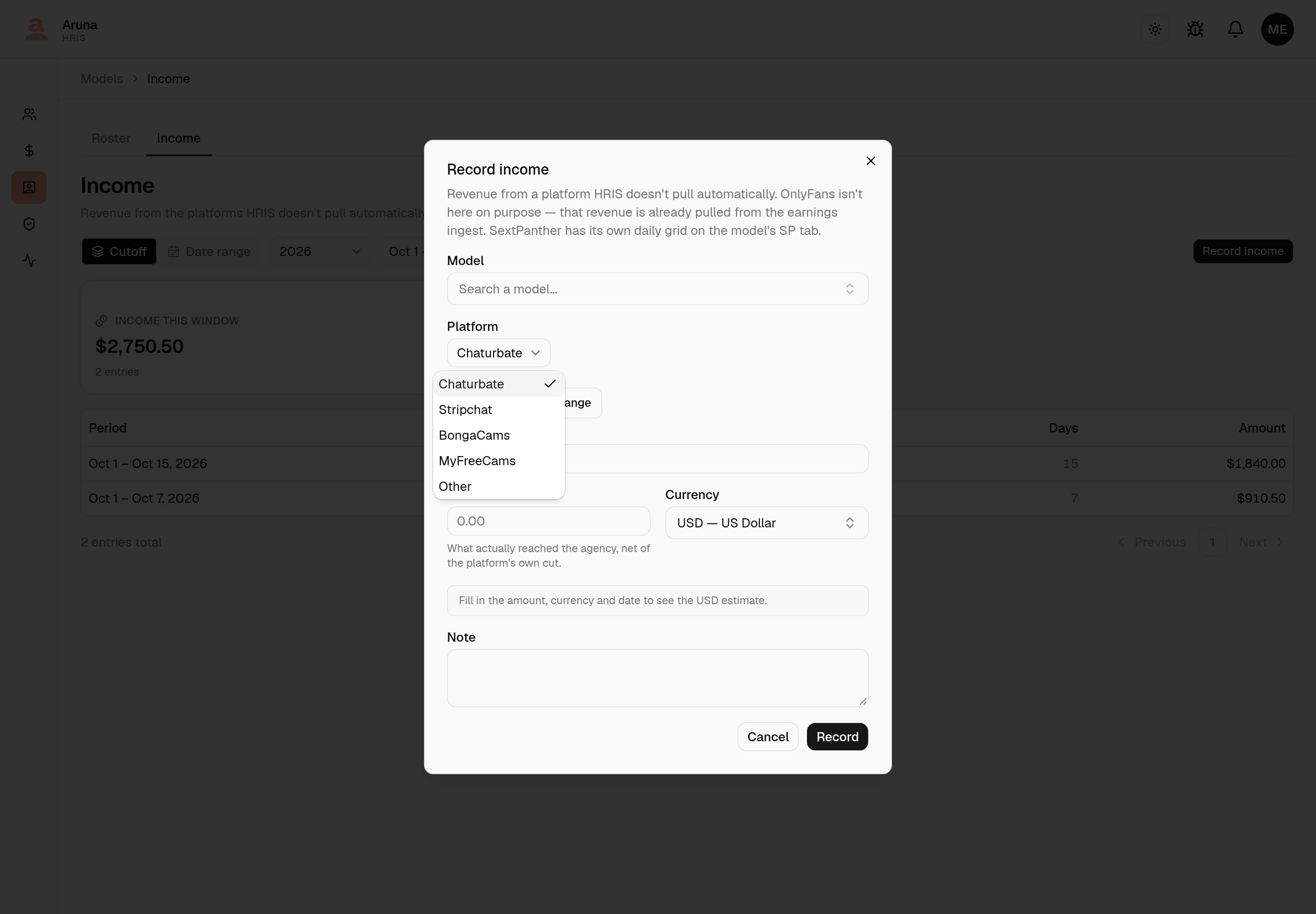 Record income dialog with its Platform picker open, listing Chaturbate, Stripchat, BongaCams, MyFreeCams and Other — neither OnlyFans nor SextPanther, as the dialog's description explains.