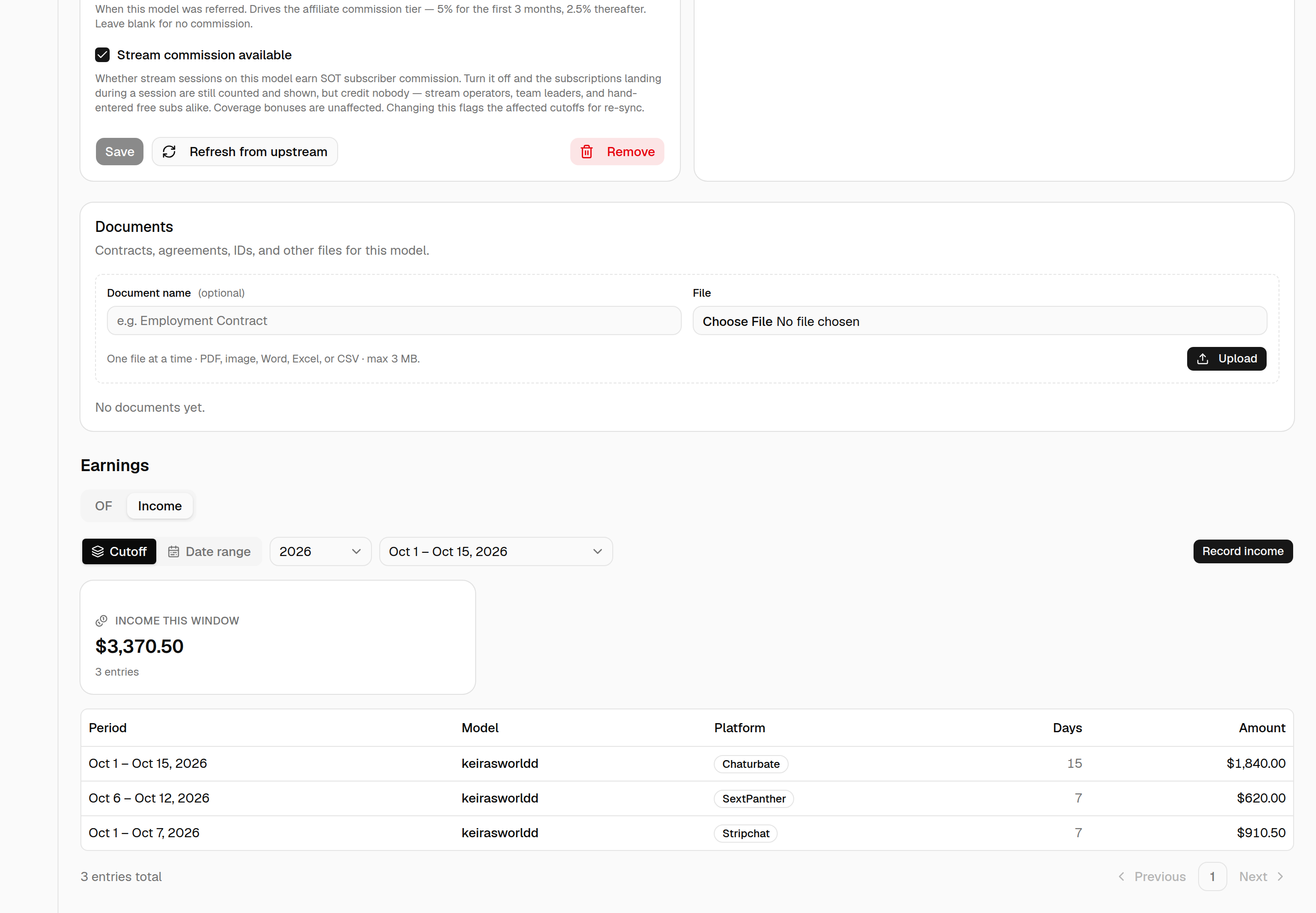 Model detail Earnings section with the Income tab selected: the cutoff picker, a Record income button, the income total for the window and the model's Chaturbate, SextPanther and Stripchat entries.
