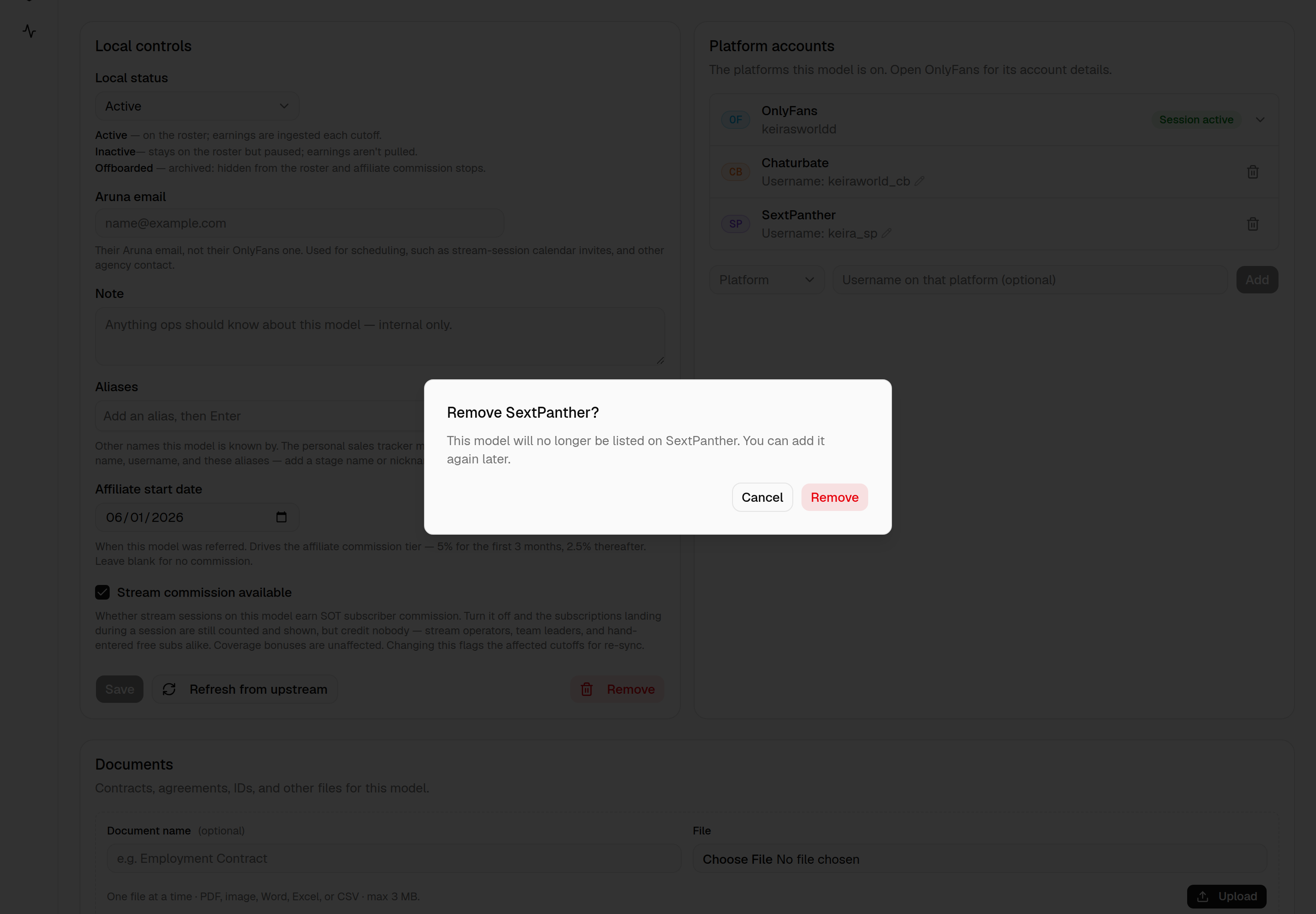 Confirm dialog "Remove SextPanther?" — the model will no longer be listed on SextPanther and can be added again later — with Cancel and Remove buttons.