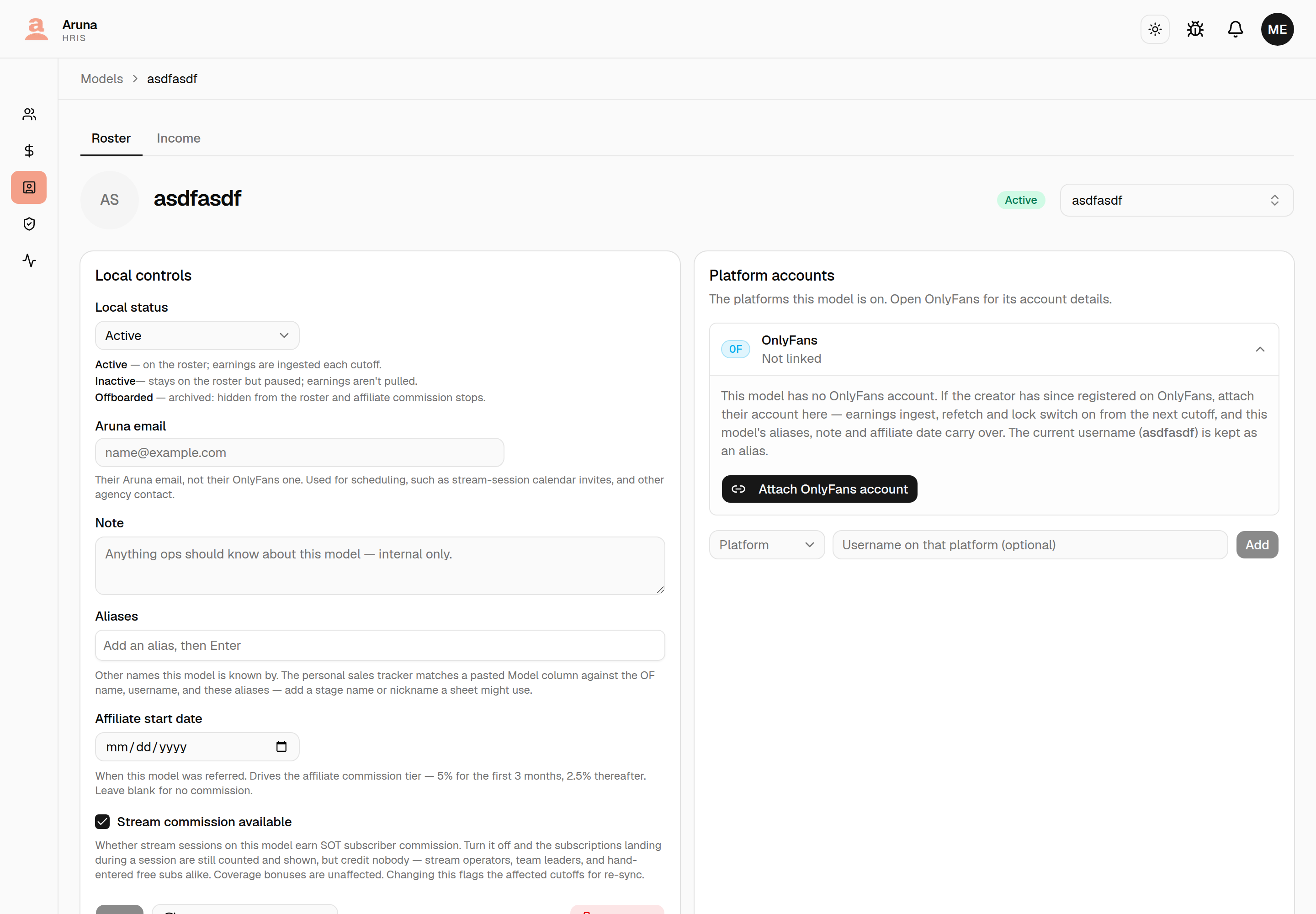 Model detail page for a model with no OnlyFans account: the OnlyFans row in Platform accounts reads Not linked and is open, showing the Attach OnlyFans account picker.