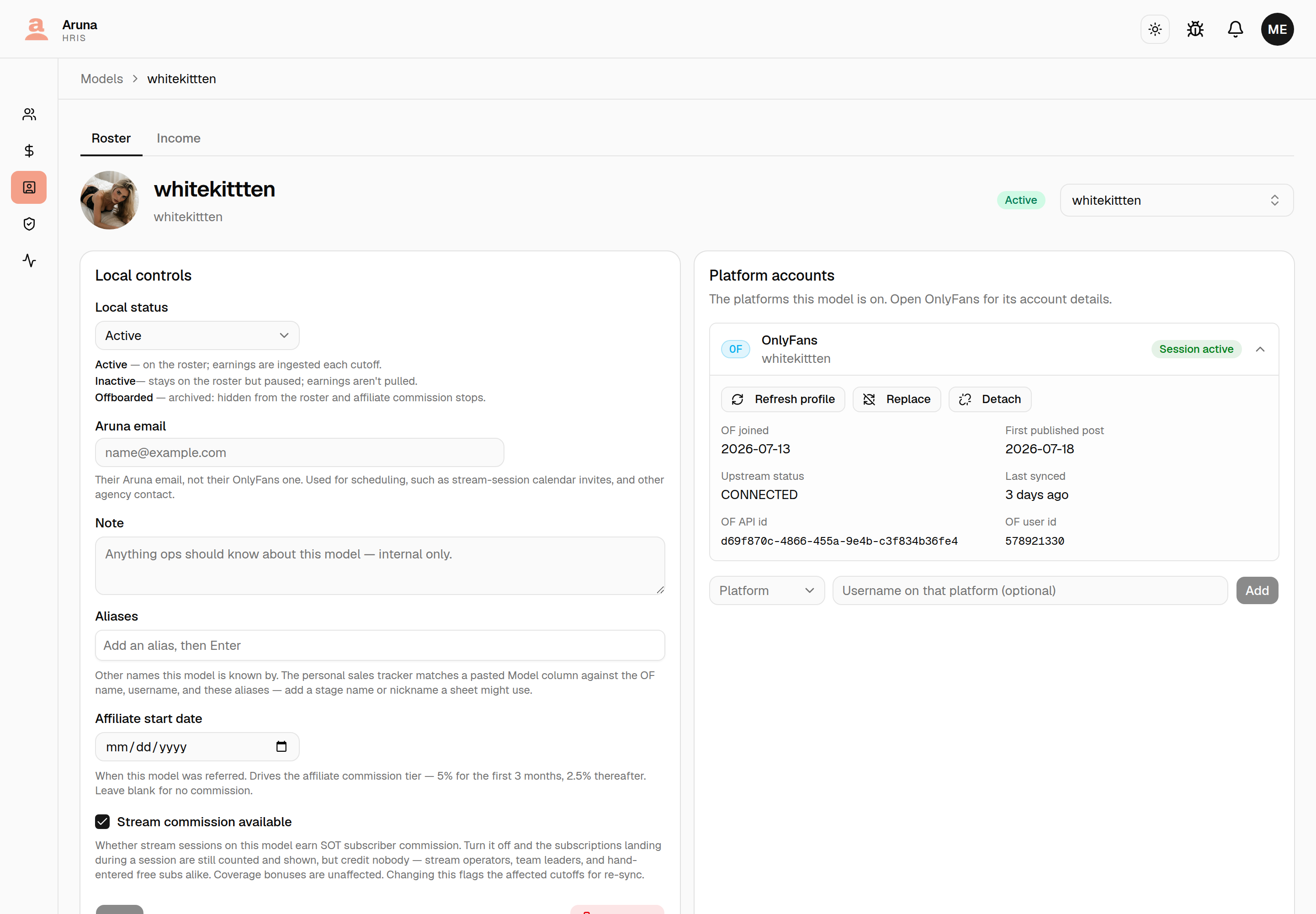 The OnlyFans row opened on a model's Platform accounts card: a Session active badge, Refresh profile / Replace / Detach buttons, and below them OF joined, first published post, upstream status CONNECTED, Last synced "3 days ago" and the OF ids.