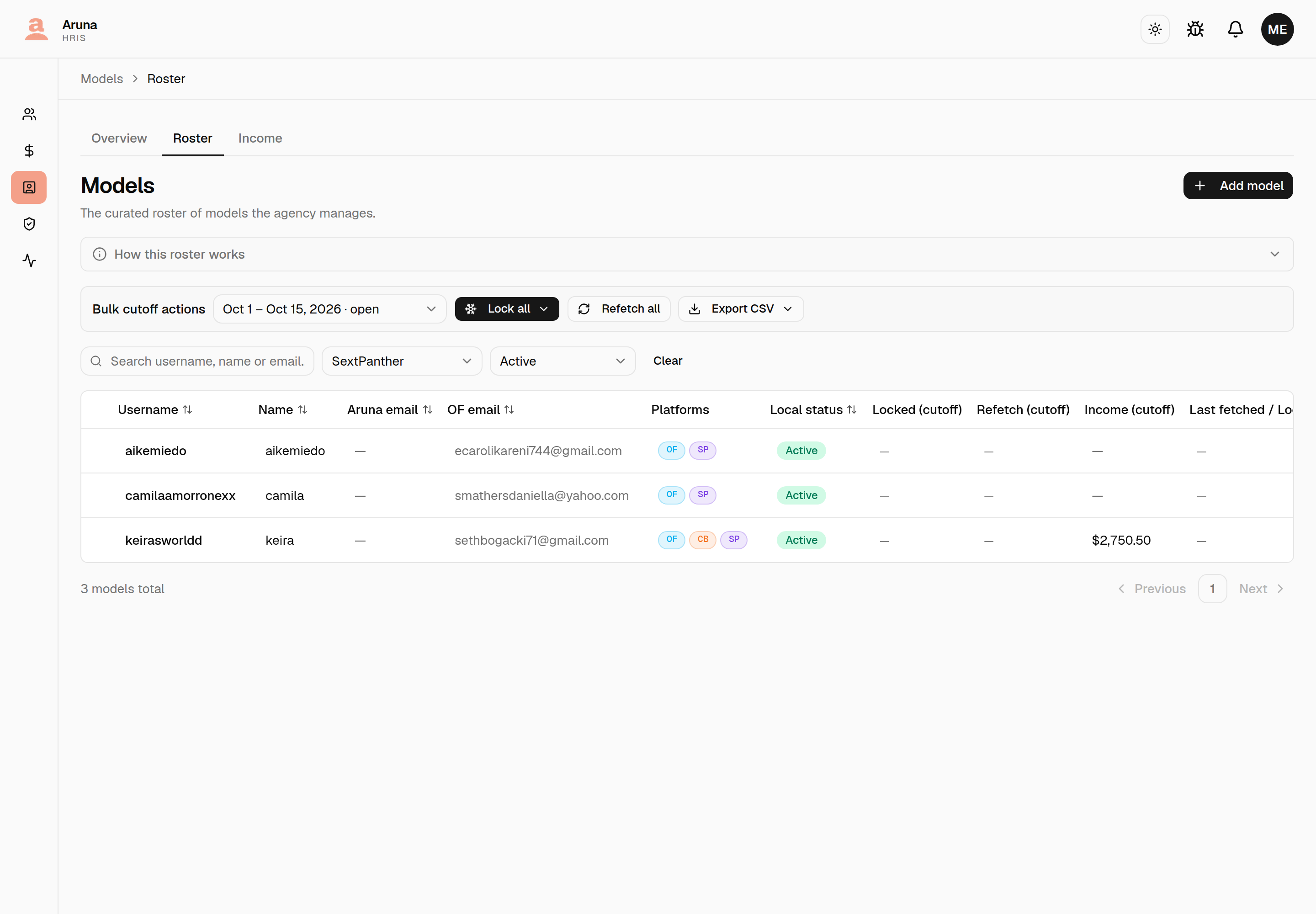The roster filtered to SextPanther: the platform dropdown reads SextPanther, three models are listed, and each shows its platform badges in the Platforms column — OF and SP, with one model also showing CB.