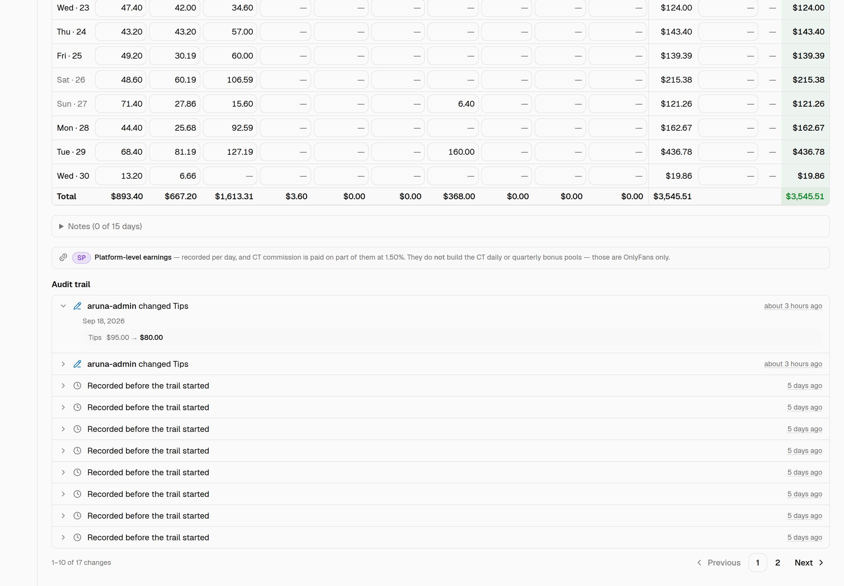 The same trail with the first entry expanded, showing "Sep 18, 2026" and underneath it "Tips $95.00 → $80.00".