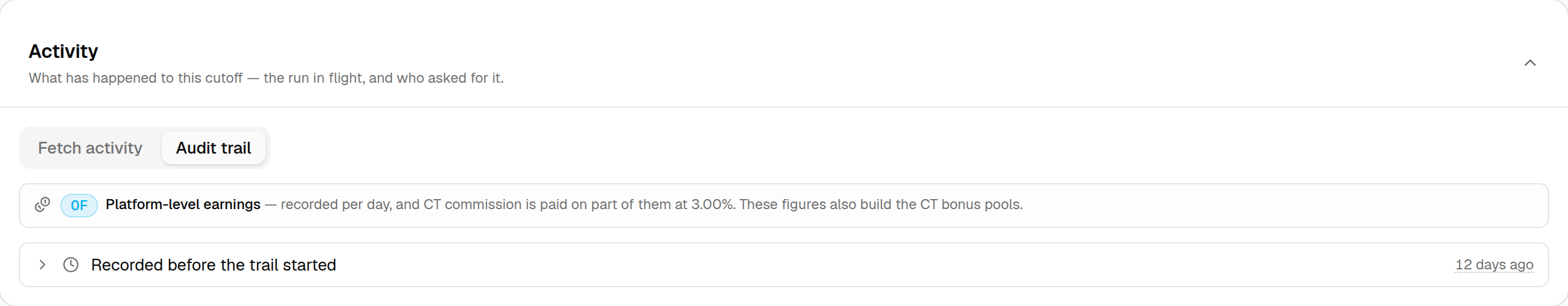The Activity section on the OnlyFans tab with two tabs, Fetch activity and Audit trail, the second selected. Under it a note reading "Platform-level earnings — recorded per day, and CT commission is paid on part of them at 3.00%. These figures also build the CT bonus pools", then one entry, "Recorded before the trail started", 12 days ago.