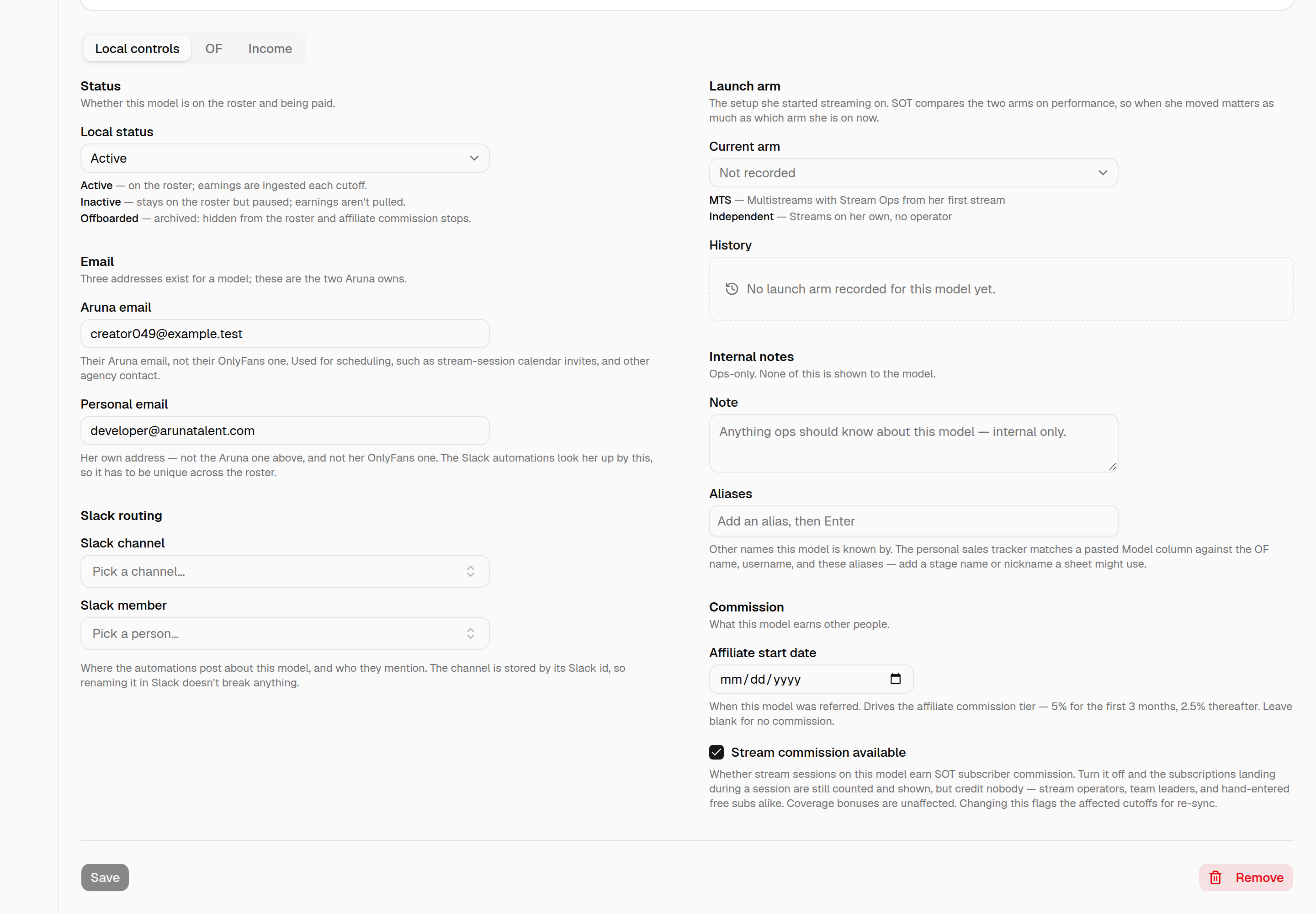 The Local controls tab, left column: Status with the Local status dropdown, Email with the Aruna email and Personal email fields, and Slack routing with a "Pick a channel…" and a "Pick a person…" dropdown.