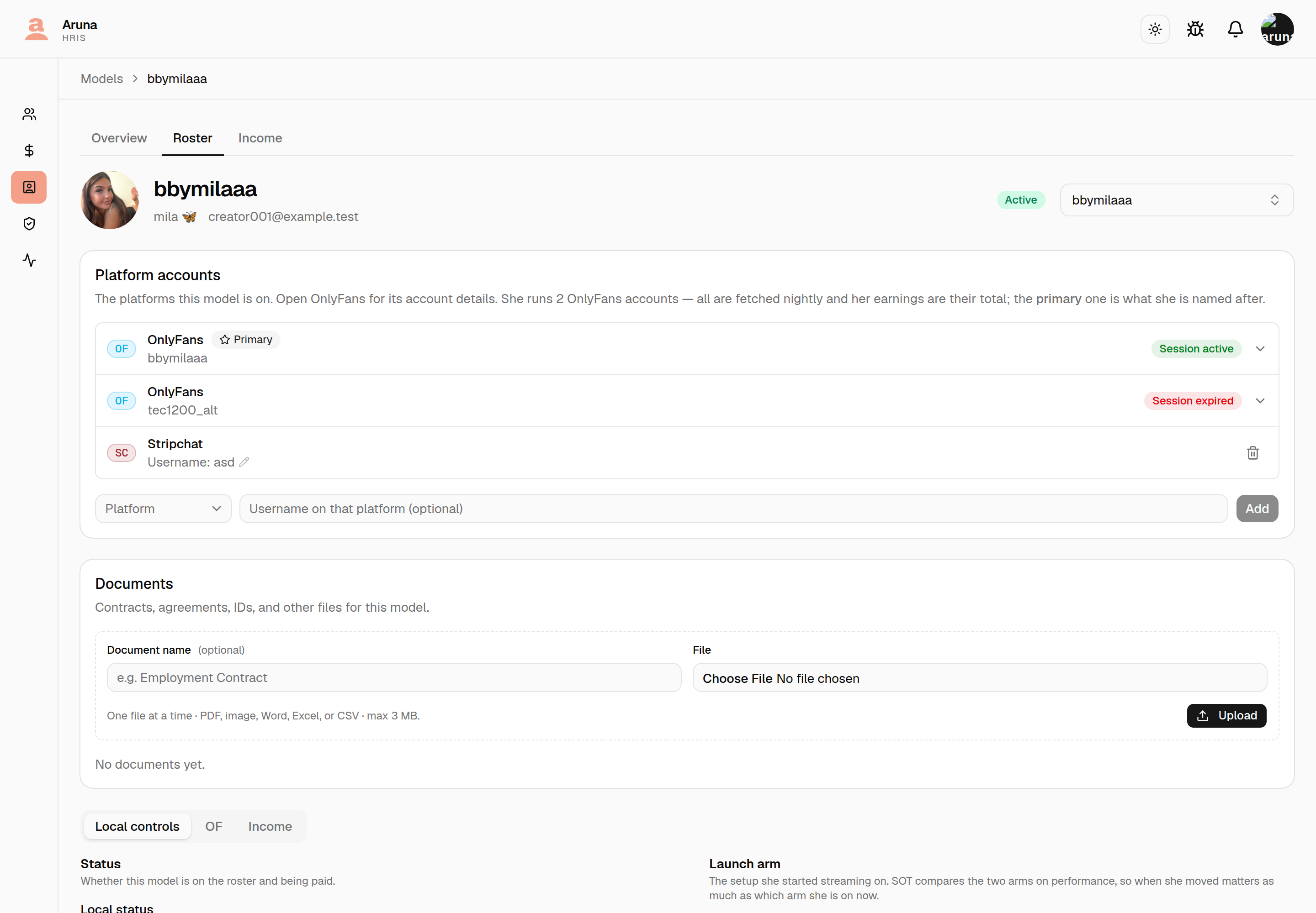The Platform accounts card for a creator running two OnlyFans accounts: an OnlyFans row for bbymilaaa carrying a Primary star and a Session active badge, a second OnlyFans row for tec1200_alt showing Session expired, a Stripchat row below them, and the shared Platform picker and Add button underneath.