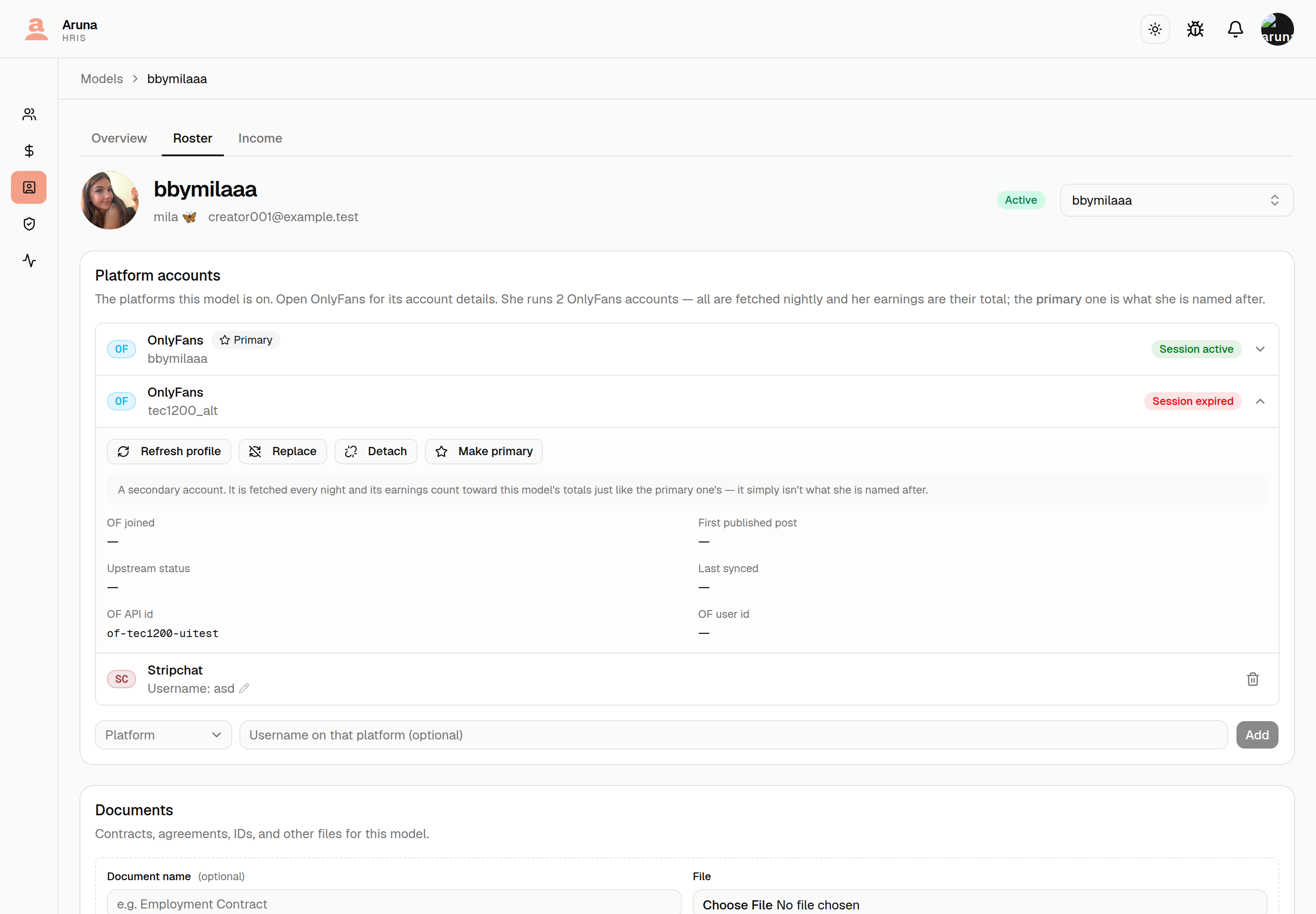 The second OnlyFans account's row opened: Refresh profile, Replace, Detach and Make primary buttons, a note reading "A secondary account. It is fetched every night and its earnings count toward this model's totals just like the primary one's — it simply isn't what she is named after", and the account's own upstream fields below.