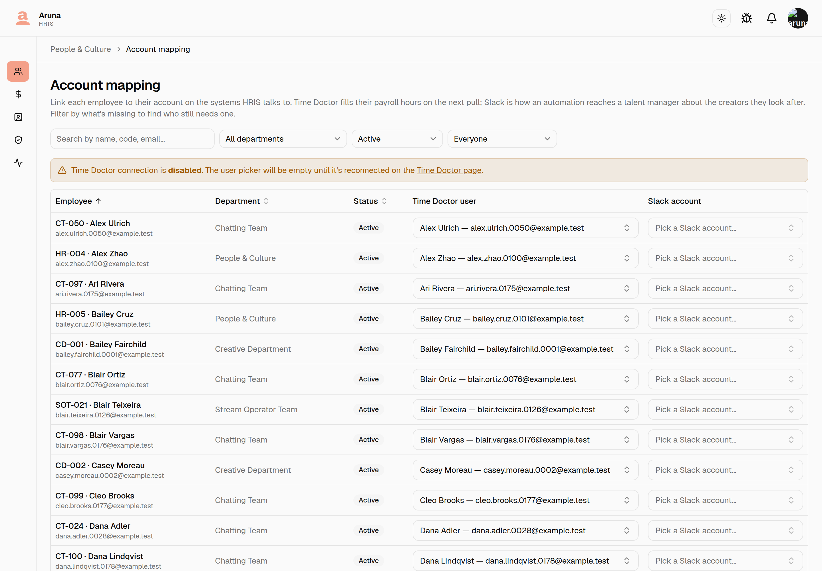 The Account mapping page: search, department, status and "Everyone" filters above a table with Employee, Department, Status, Time Doctor user and Slack account columns, each of the last two a dropdown on every row.