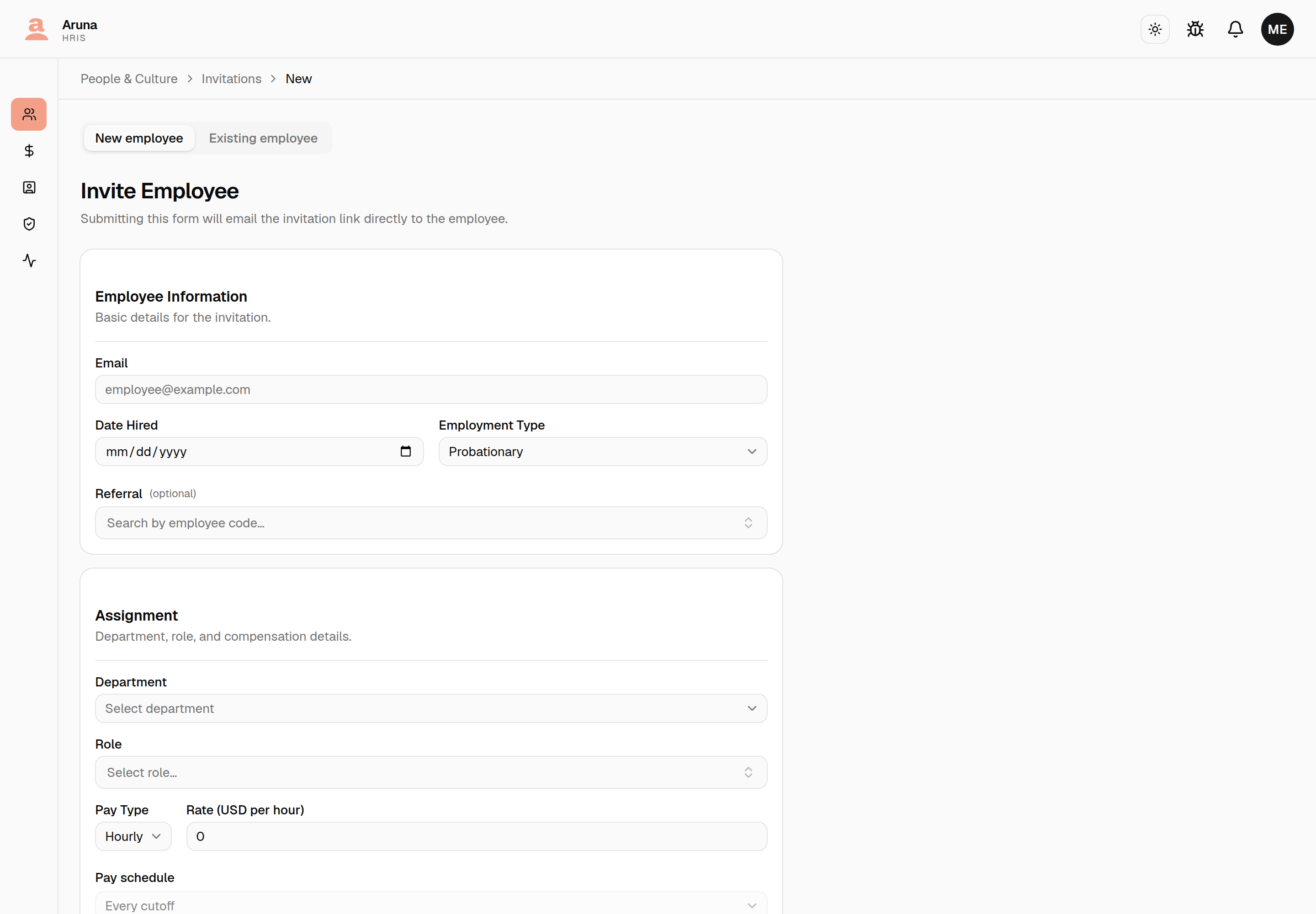 The invitation form: New/Existing tabs, Employee Information (email, date hired, employment type, referral) and Assignment (department, role, pay type, rate).