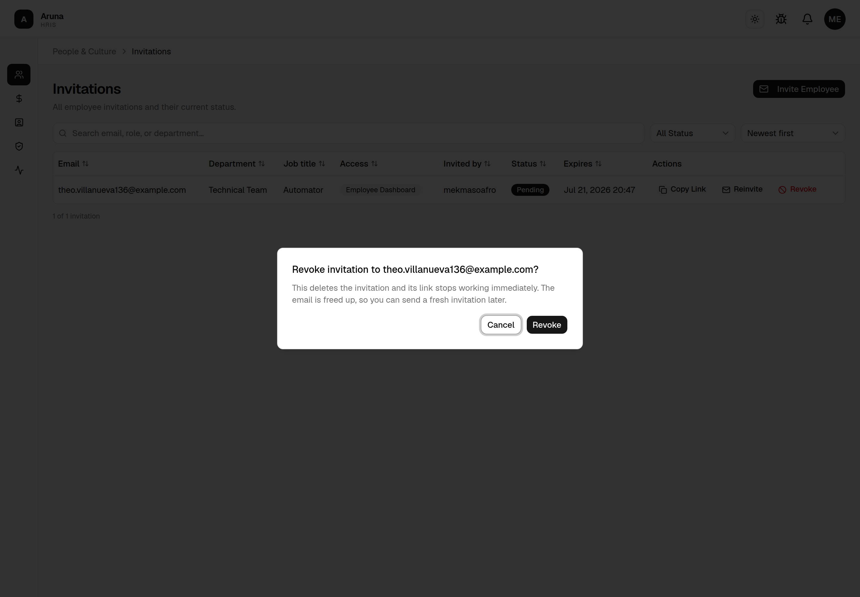 Revoke invitation confirmation dialog.