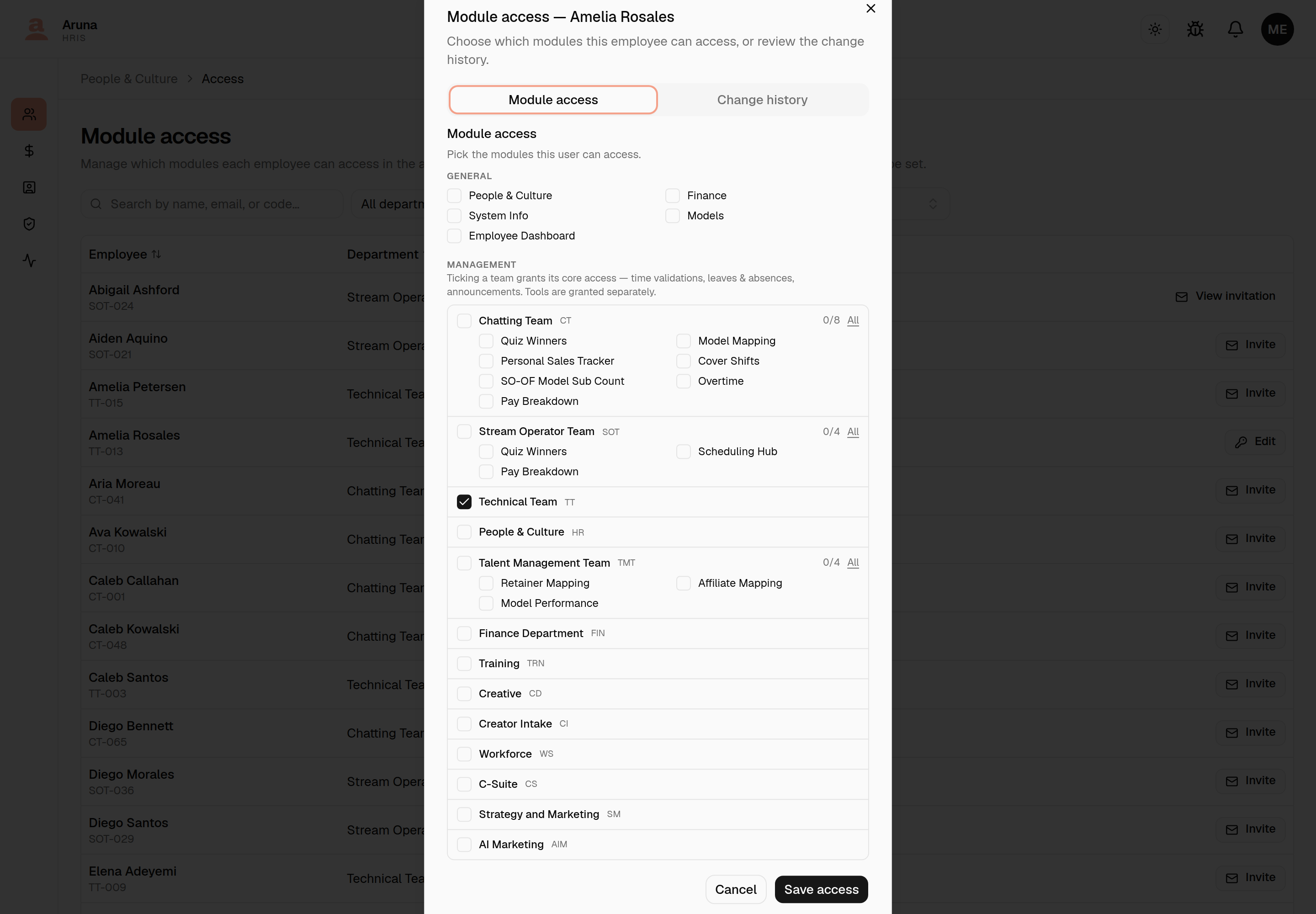 Module access dialog with Module access / Change history tabs. Modules are grouped: a General block for P&C, Finance, System Info, Models and Employee Dashboard, then one row per department under Management — each with a core-access checkbox and, for CT, SOT and TMT, its team tools listed beneath.