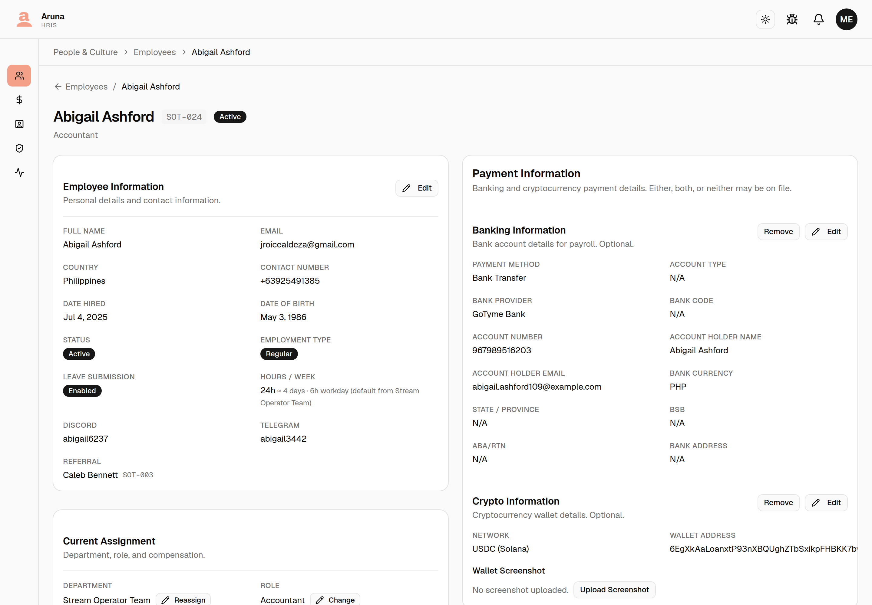 Employee detail page: header with Active badge, Employee Information card (with Edit), and the Payment Information card (Banking + Crypto, each with Edit).