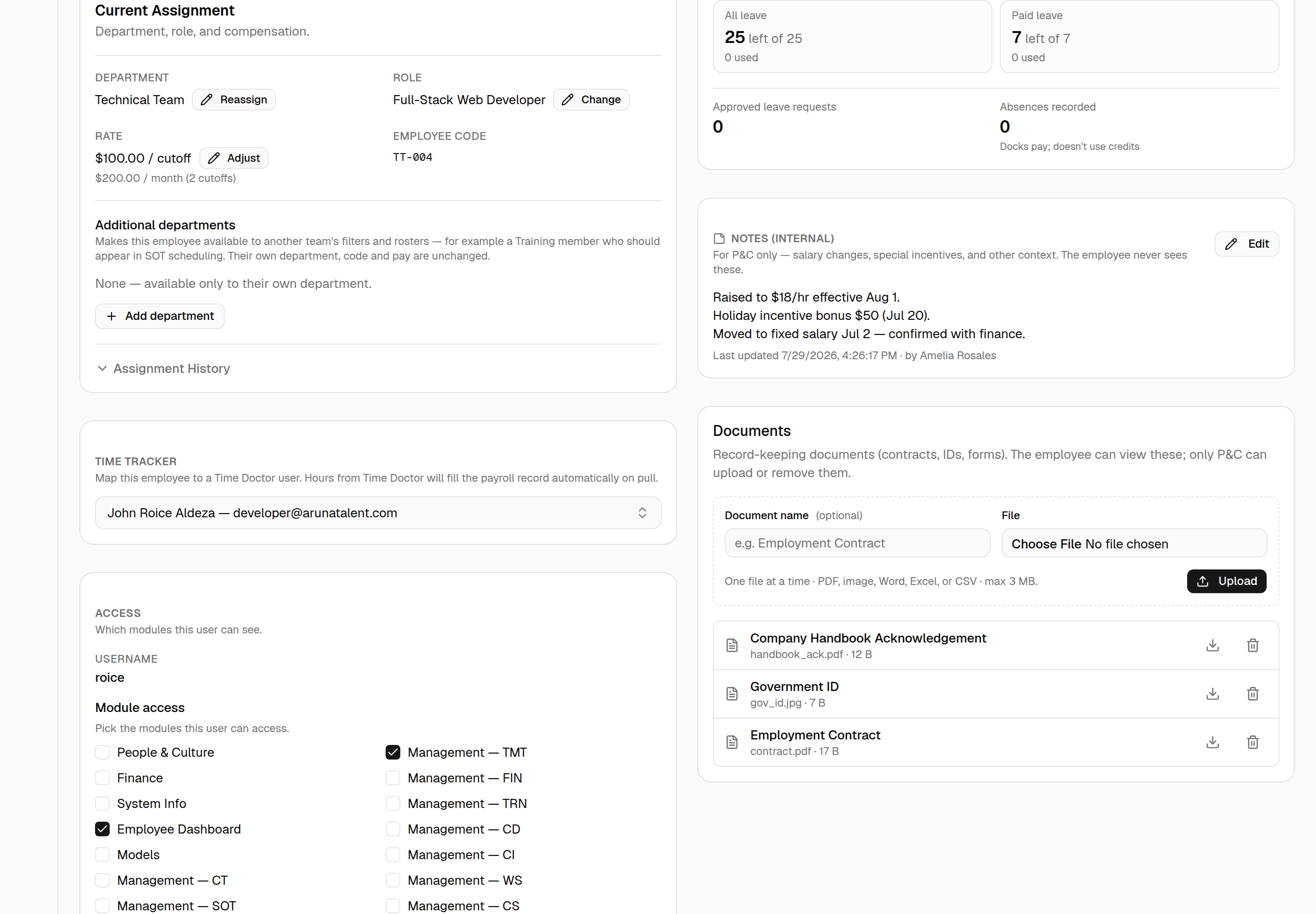 Lower half of the detail page: Current Assignment (Reassign / Change / Adjust, Additional departments, Assignment History), the Time Tracker mapping dropdown, and the top of the Access card with its module checkboxes — alongside Leave & attendance, Notes (internal) and Documents in the right column.