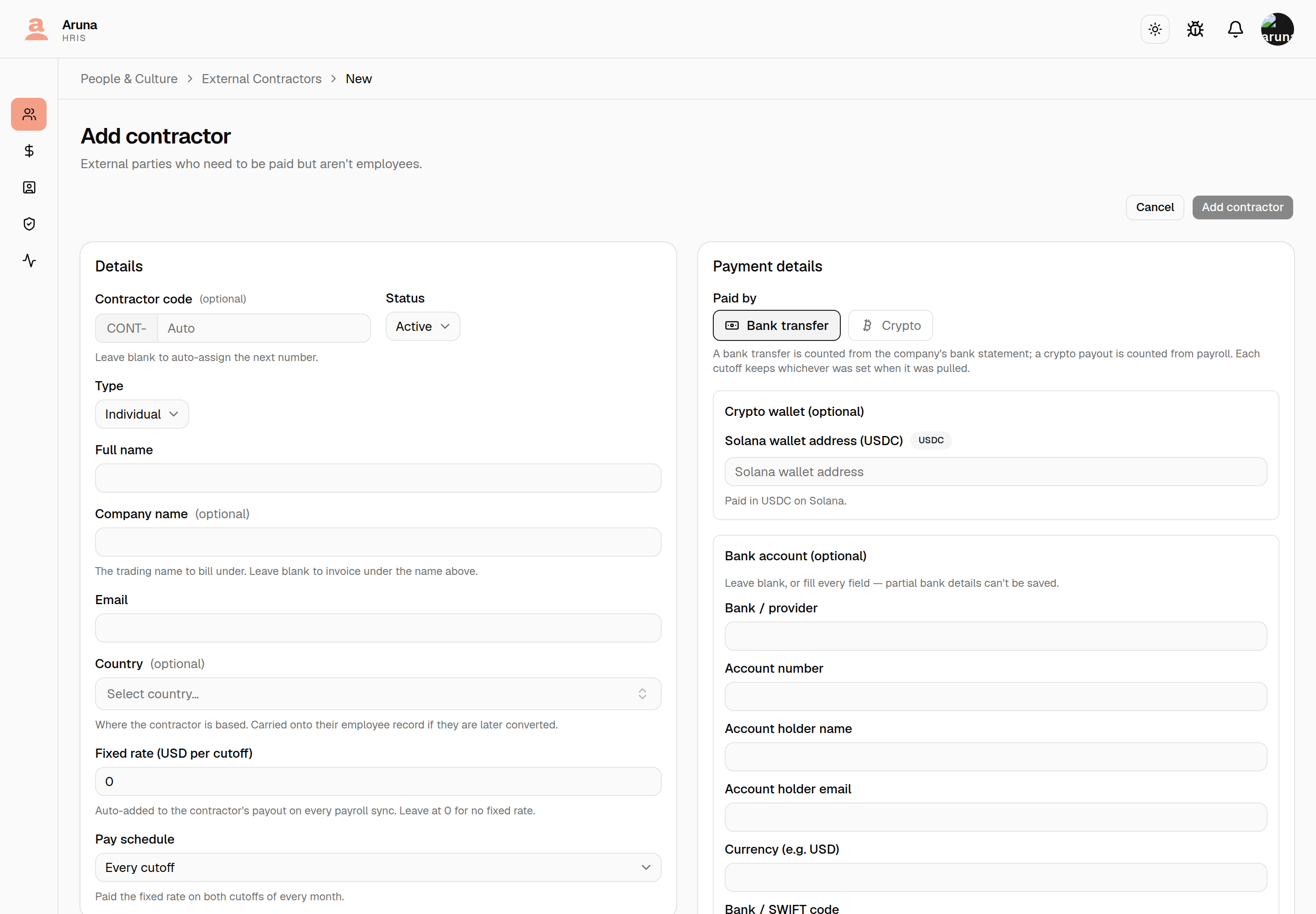 Add contractor page: Contractor code with a fixed CONT- prefix and an optional auto-assign number, Status, Type, Full name, Company name, Email, a "Country (optional)" dropdown reading "Select country…" above the note "Where the contractor is based. Carried onto their employee record if they are later converted.", "Fixed rate (USD per cutoff)", a Pay schedule set to "Every cutoff", and Payment details (Solana wallet + bank account).