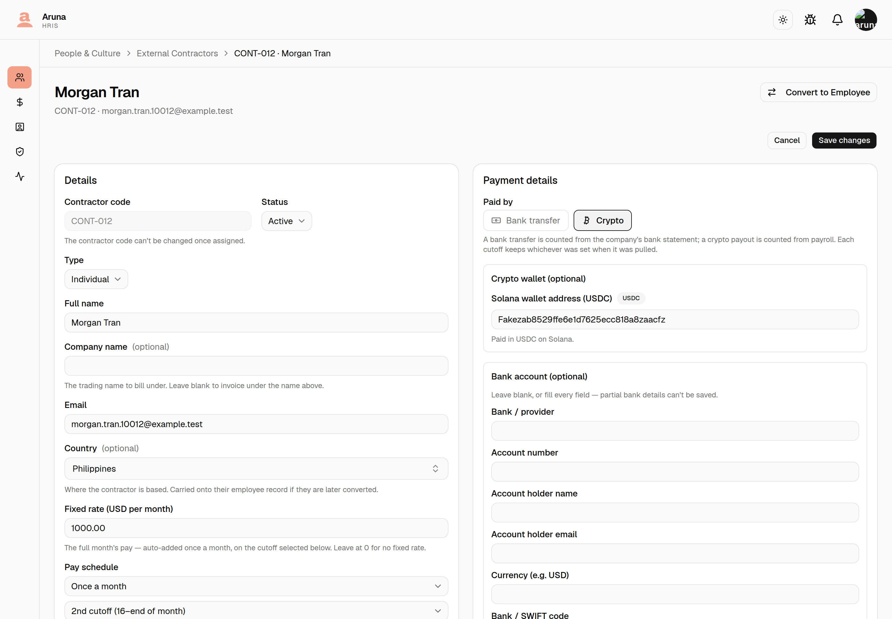 Contractor detail page for CONT-012: a "Convert to Employee" action in the header, read-only Contractor code, editable name / email, a Country of Philippines, "Fixed rate (USD per month)" set to 1000.00, and a Pay schedule of "Once a month" on the "2nd cutoff (16–end of month)" with the explanatory note beneath it.