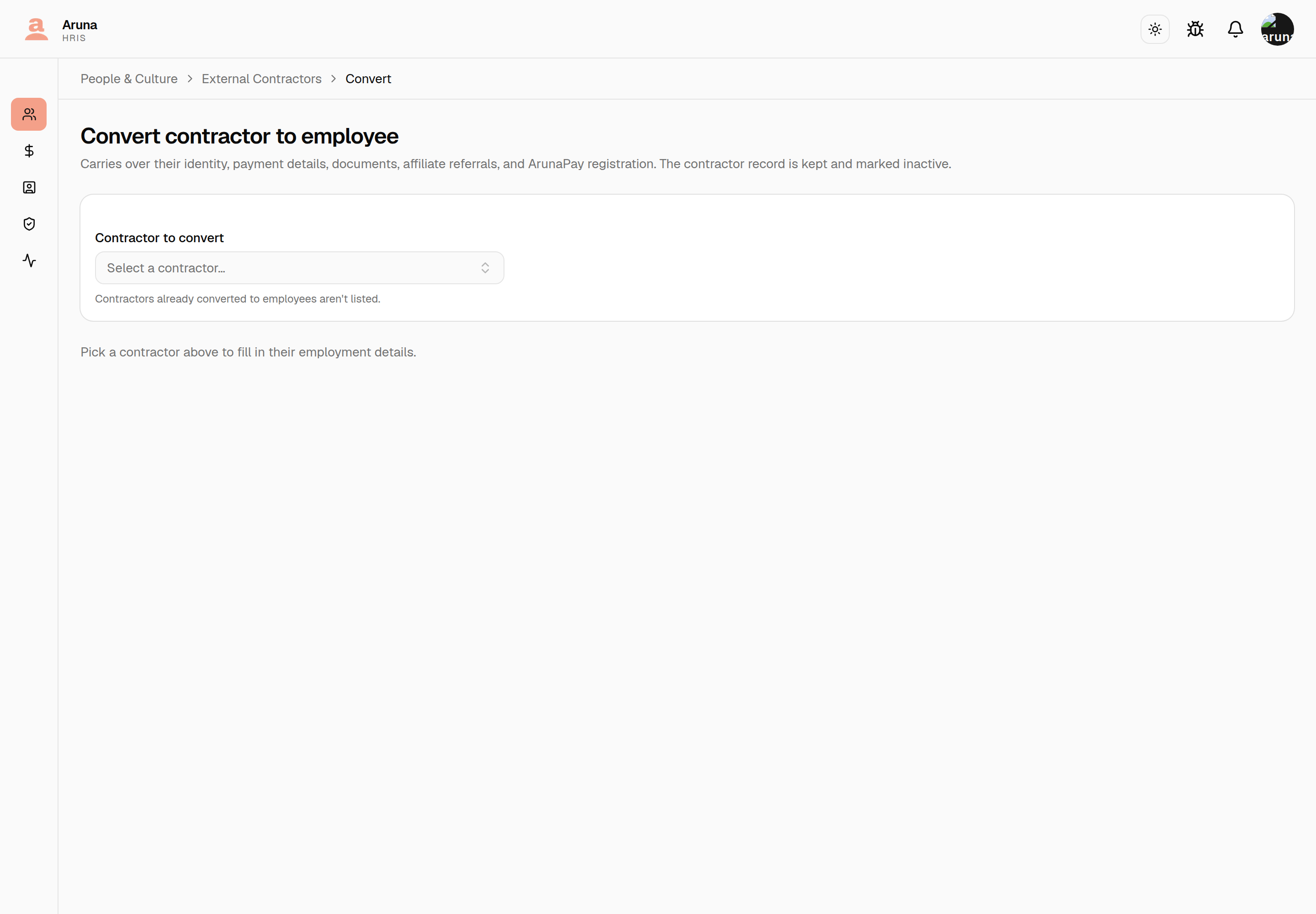 The External Contractors roster with a "Convert to employee" button in the header next to "Add contractor".
