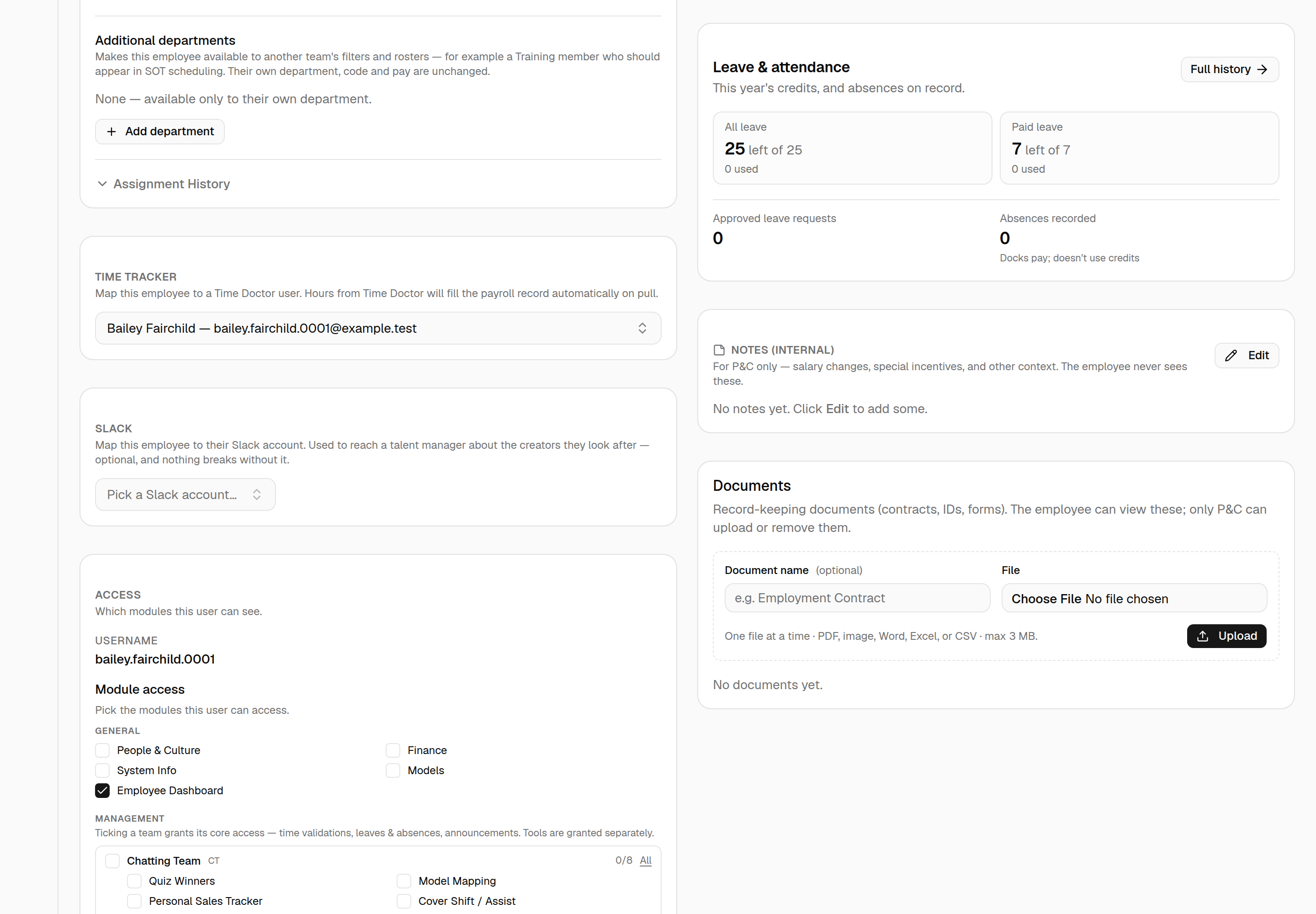 The employee detail page: a Time Tracker card with a mapped Time Doctor user, and below it a Slack card reading "Map this employee to their Slack account. Used to reach a talent manager about the creators they look after — optional, and nothing breaks without it." with a "Pick a Slack account…" dropdown.