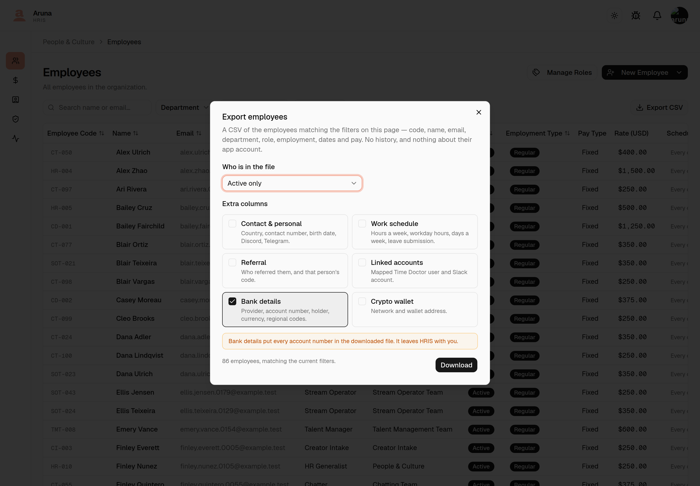 The Export employees dialog over the employee list: a description saying the CSV holds the employees matching the filters on this page with no history and nothing about their app account, a "Who is in the file" dropdown set to "Active only", then six "Extra columns" checkboxes — Contact & personal, Work schedule, Referral, Linked accounts, Bank details (ticked) and Crypto wallet. An amber line underneath reads "Bank details put every account number in the downloaded file. It leaves HRIS with you." The footer reads "86 employees, matching the current filters." beside a Download button.
