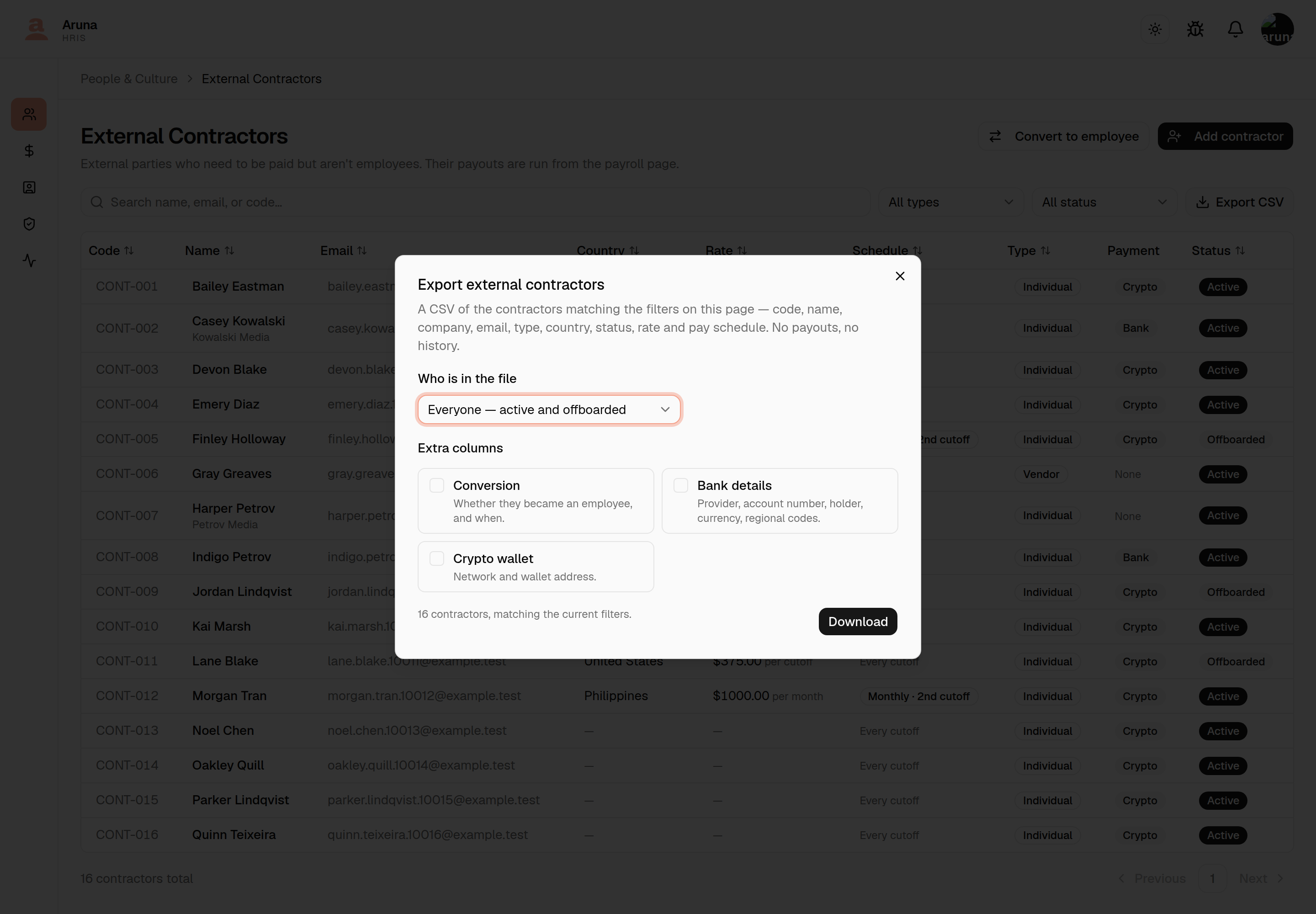 The Export external contractors dialog over the contractor list: a "Who is in the file" dropdown set to "Everyone — active and offboarded" above three checkboxes — Conversion, Bank details and Crypto wallet — and a footer reading "16 contractors, matching the current filters." beside a Download button.